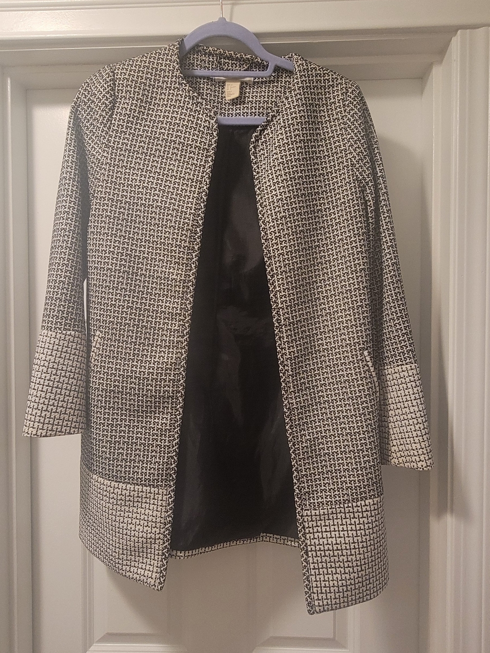 Womens Black & White Textured Open-Front Coat